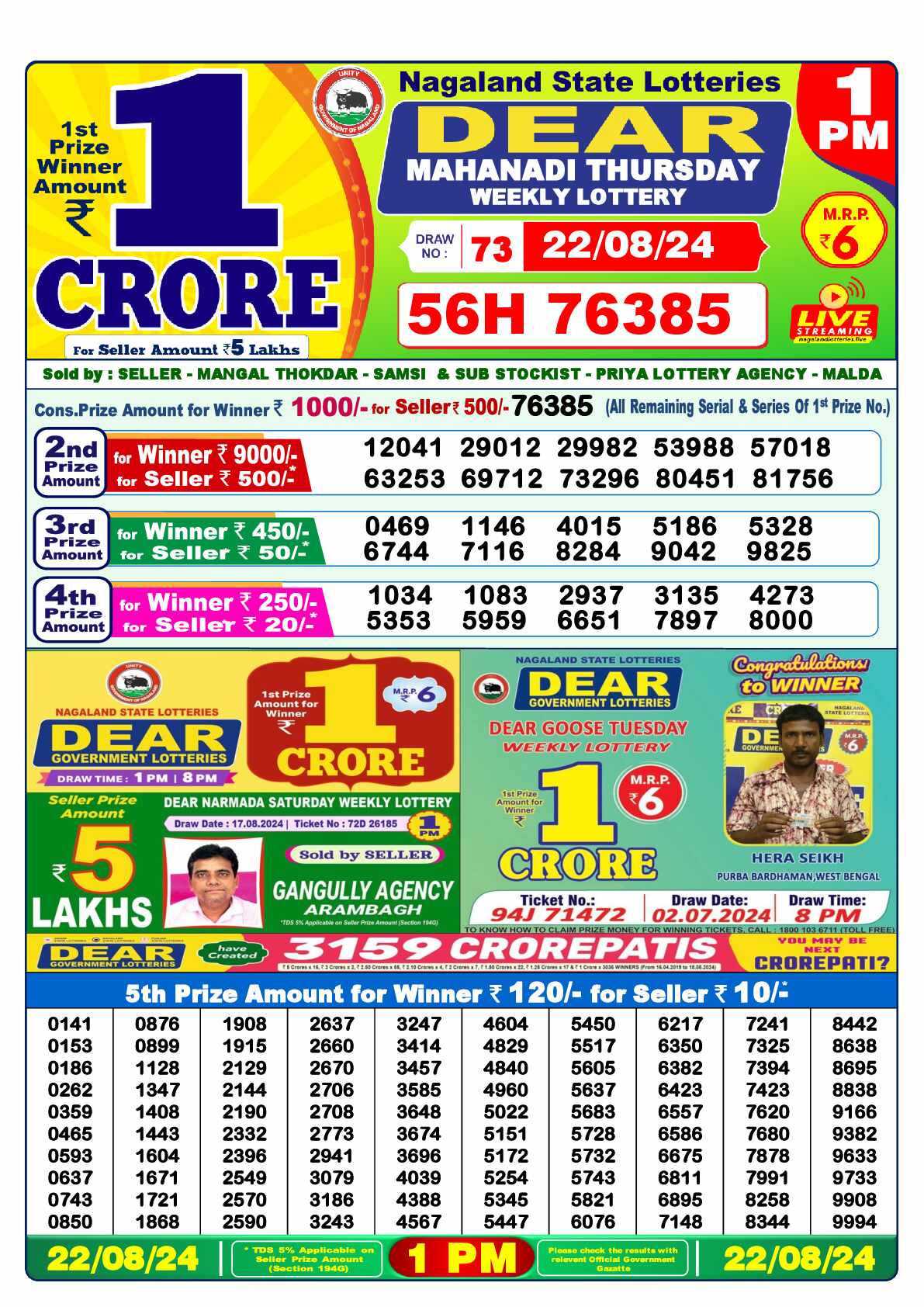 Lottery Sambad 22.08.24 Dear Lottery 1 PM August 22, 2024