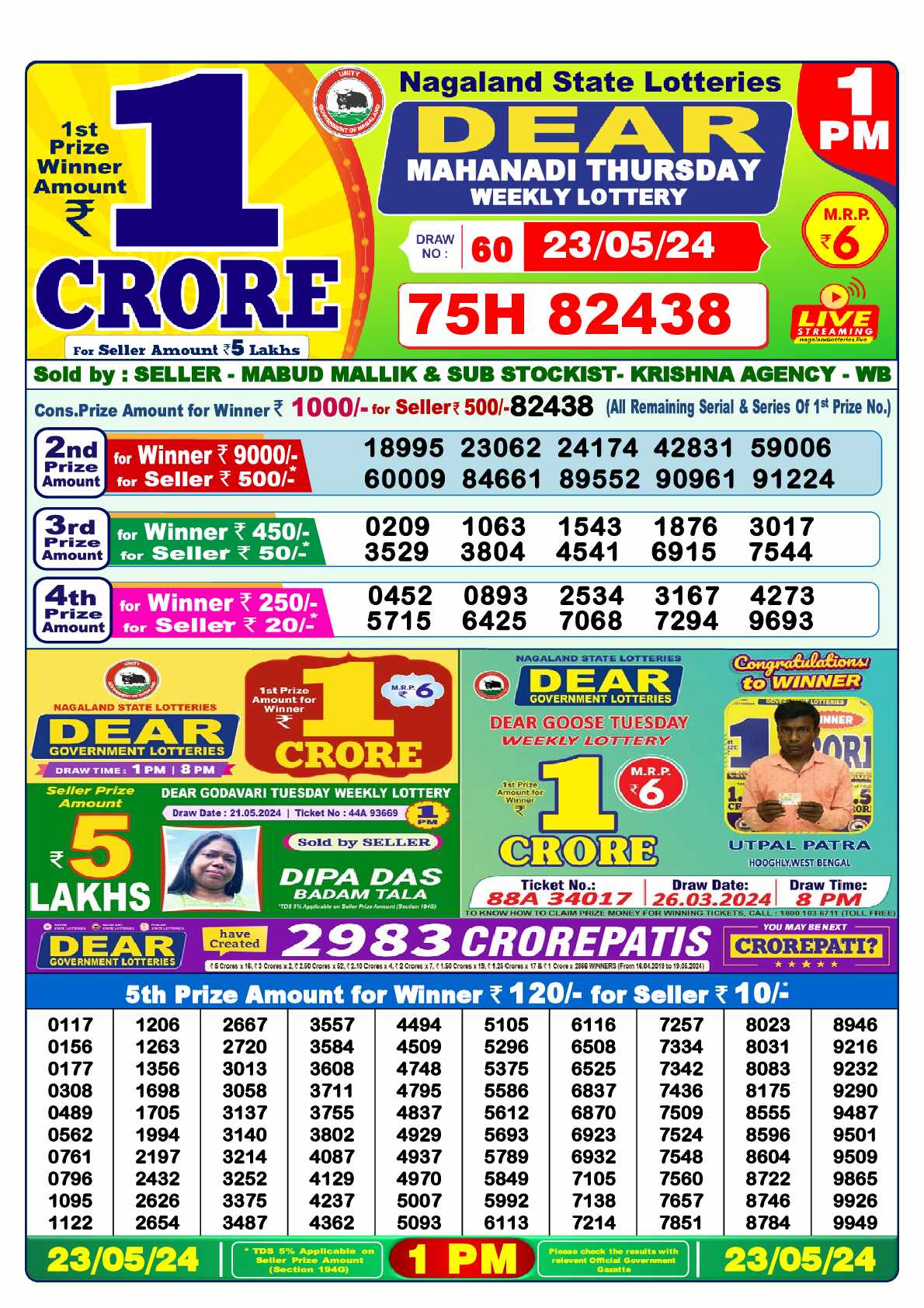 Lottery Sambad 23.05.24 Dear Lottery 1 PM May 23, 2024