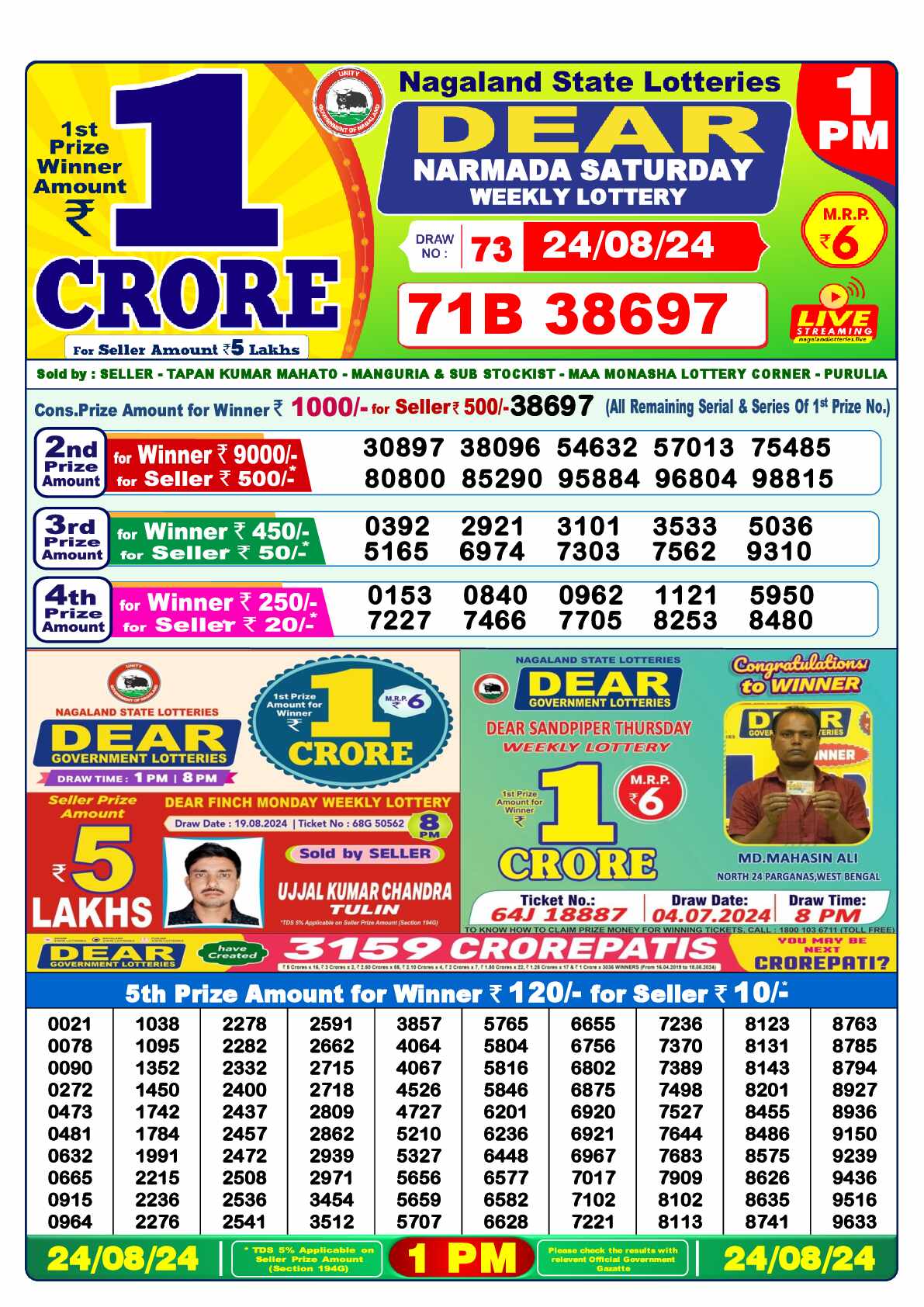 Lottery Sambad 24.08.24 Dear Lottery 1 PM August 24, 2024