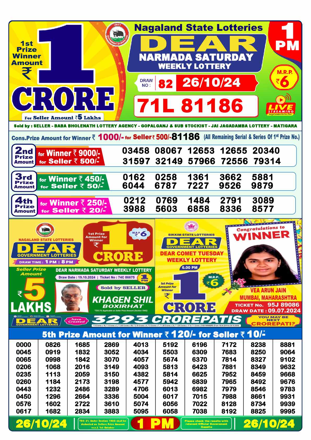 Lottery Sambad 26.10.24 Dear Lottery 1 PM October 26, 2024