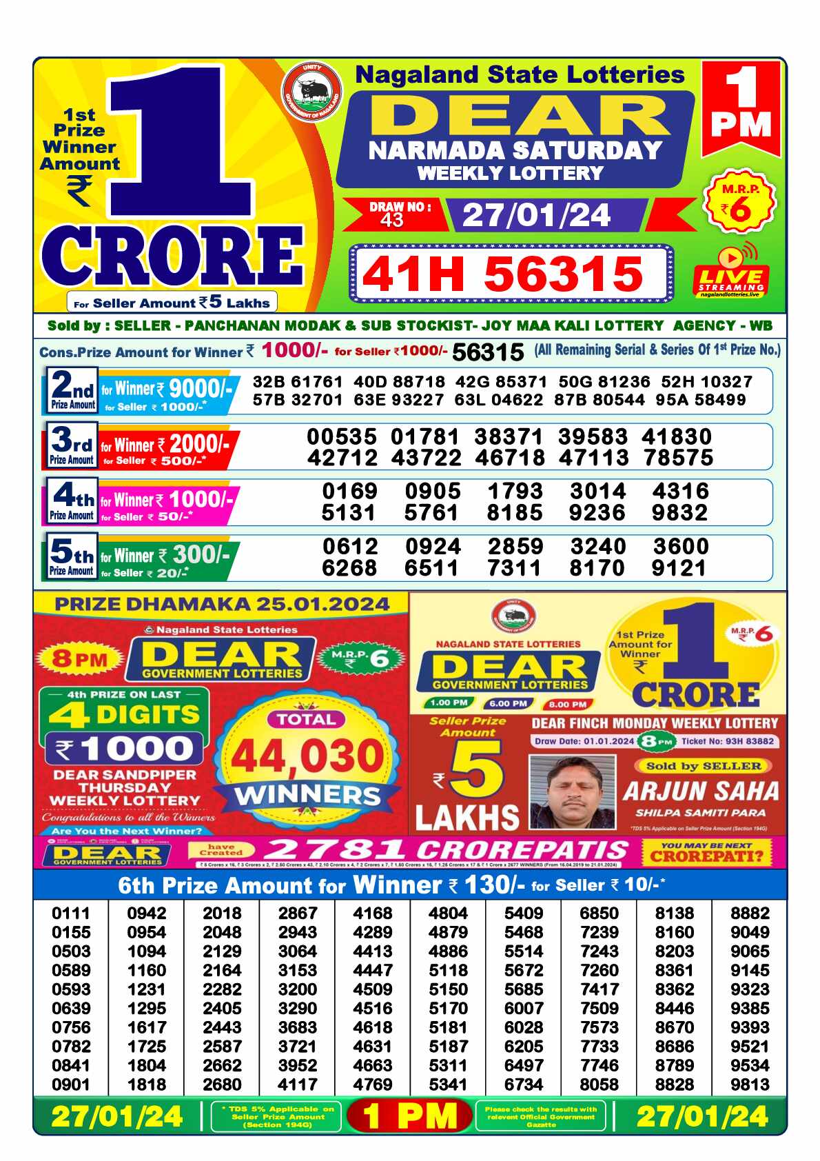 Lottery Sambad 27.01.24 Dear Lottery 1 PM January 27, 2024