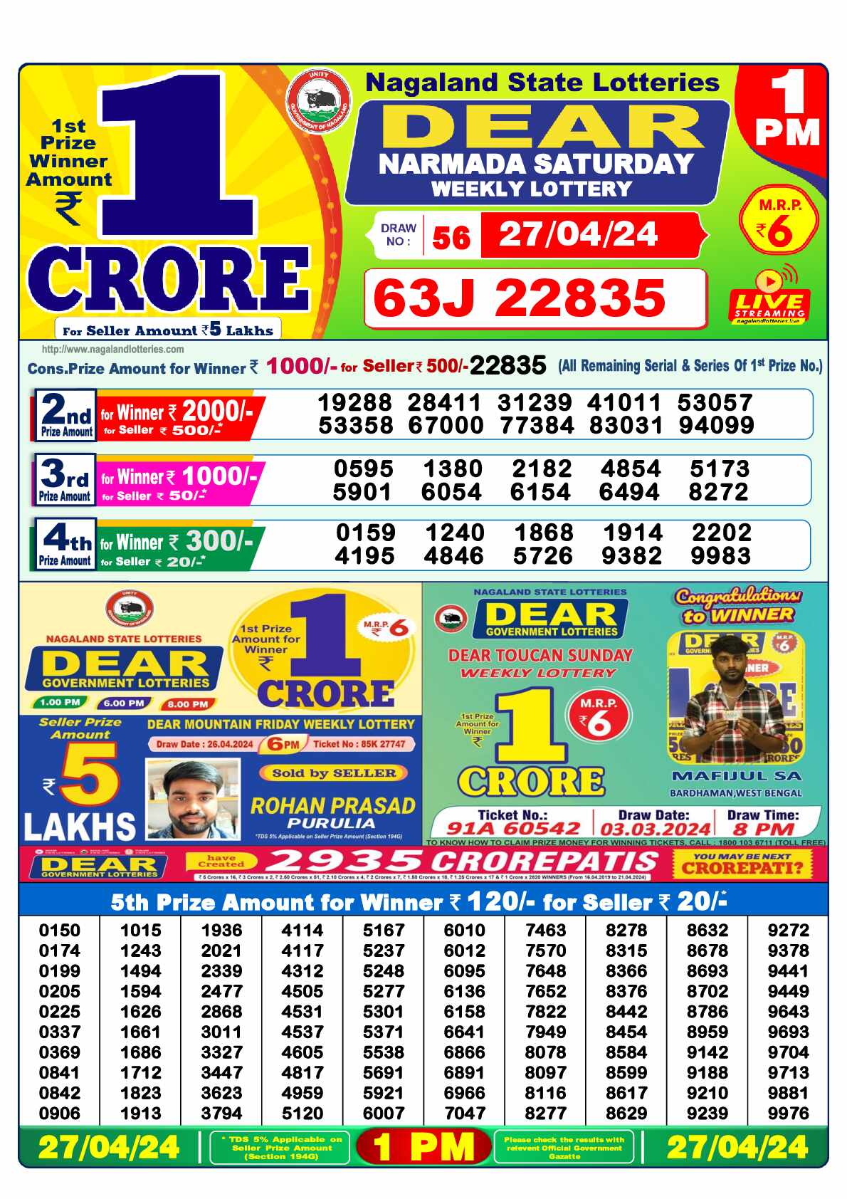 Lottery Sambad 27.04.24 Dear Lottery 1 PM April 27, 2024