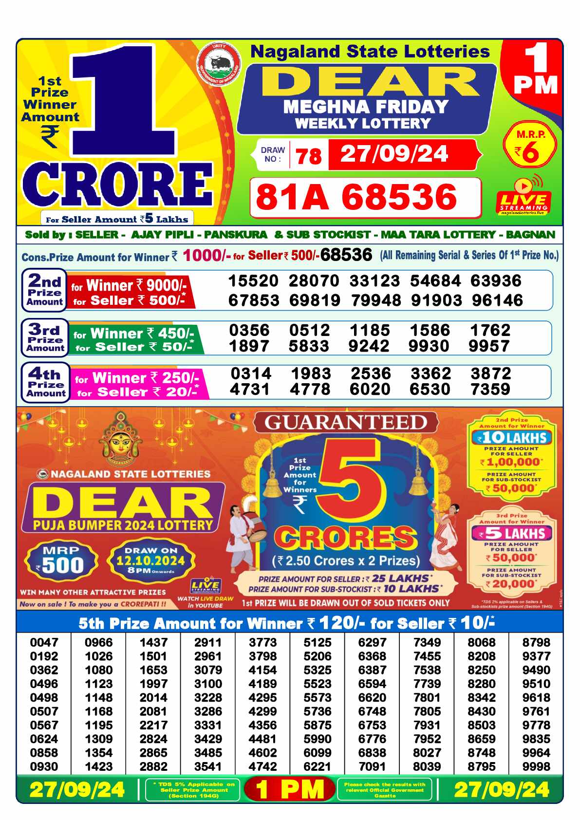 Lottery Sambad 27.09.24 Dear Lottery 1 PM September 27, 2024