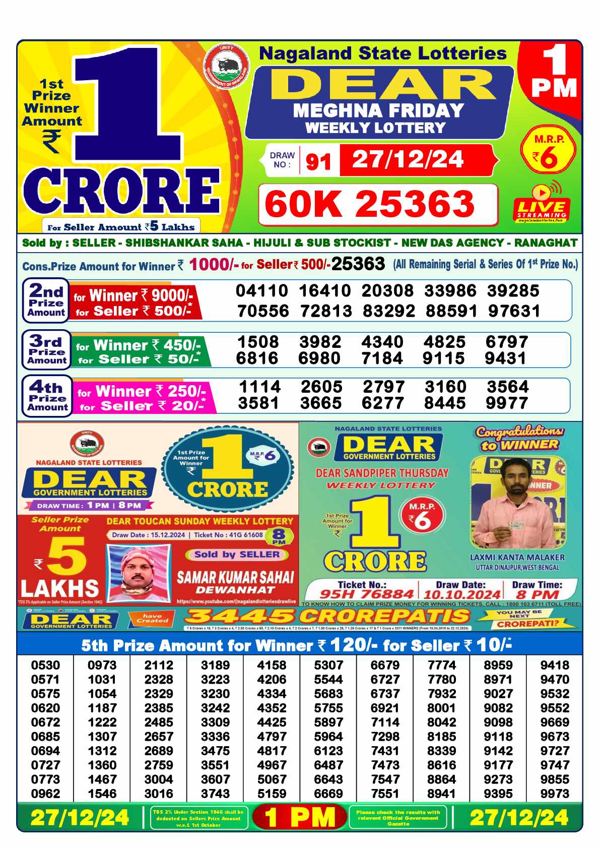 Lottery Sambad 27.12.24 Dear Lottery 1 PM December 27, 2024