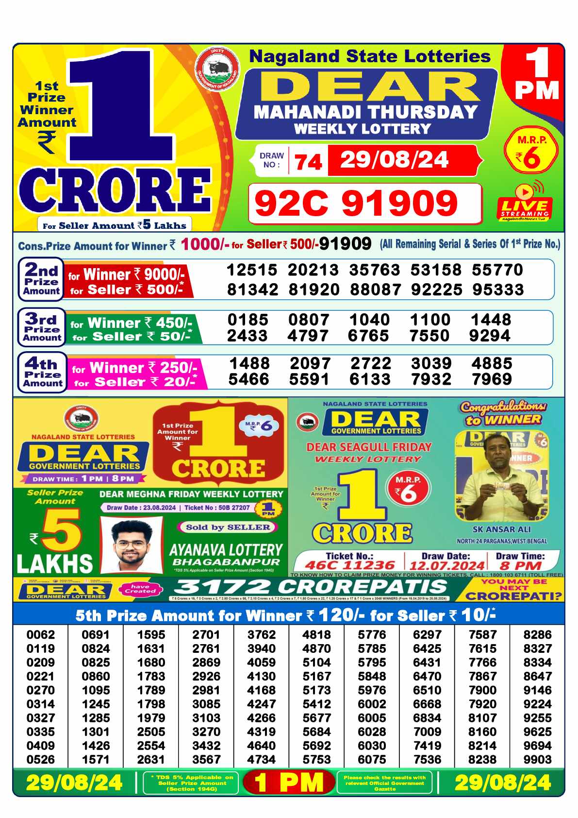 Lottery Sambad 29.08.24 Dear Lottery 1 PM August 29, 2024