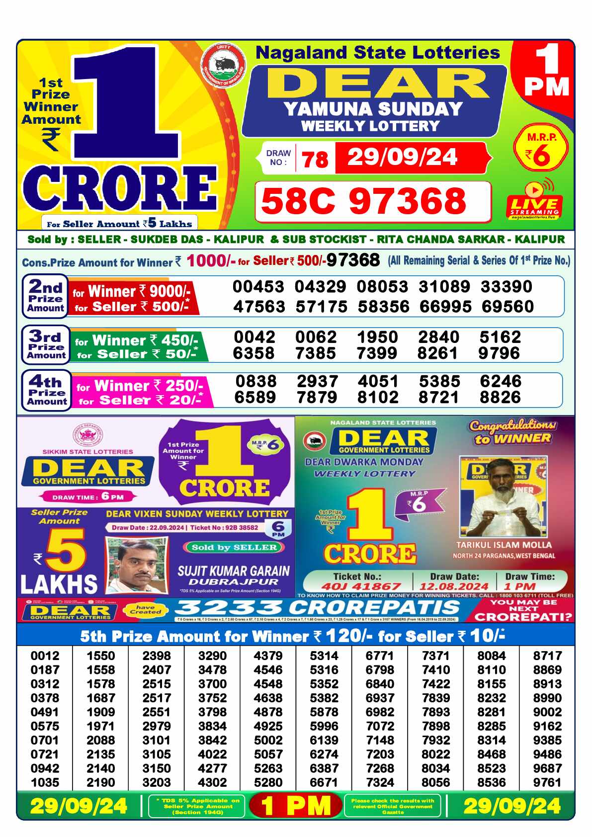 Lottery Sambad 29.09.24 Dear Lottery 1 PM September 29, 2024