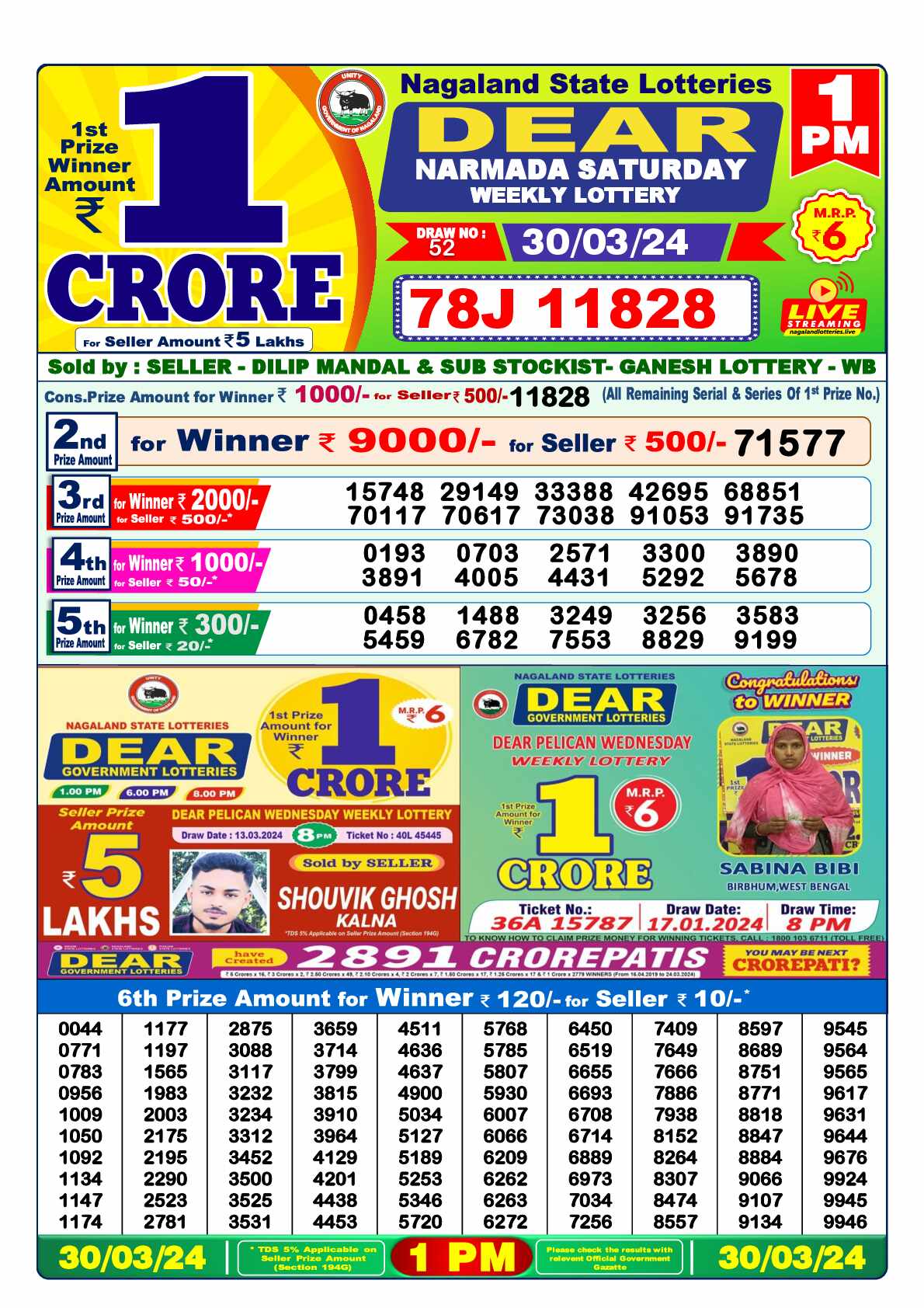 Lottery Sambad 30.03.24 Dear Lottery 1 PM March 30, 2024