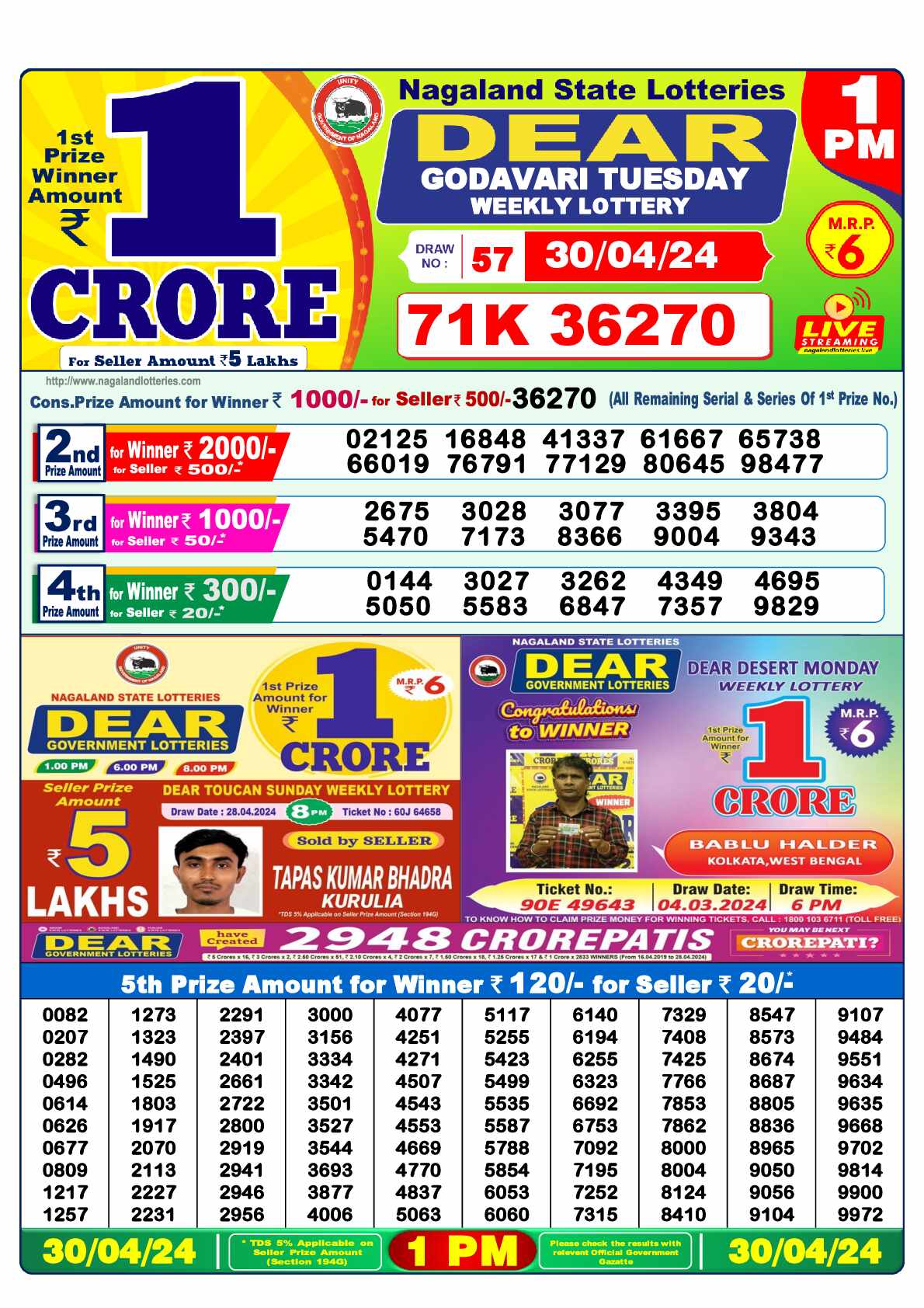 Lottery Sambad 30.04.24 Dear Lottery 1 PM April 30, 2024