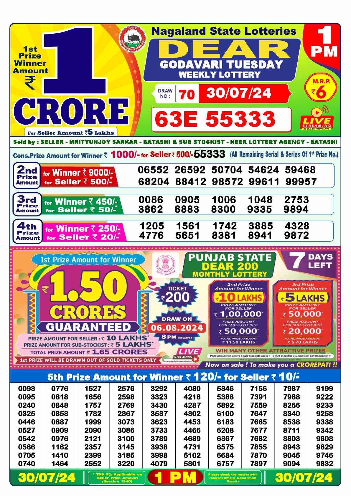 Lottery Sambad 30.07.24 Dear Lottery 1 PM July 30, 2024