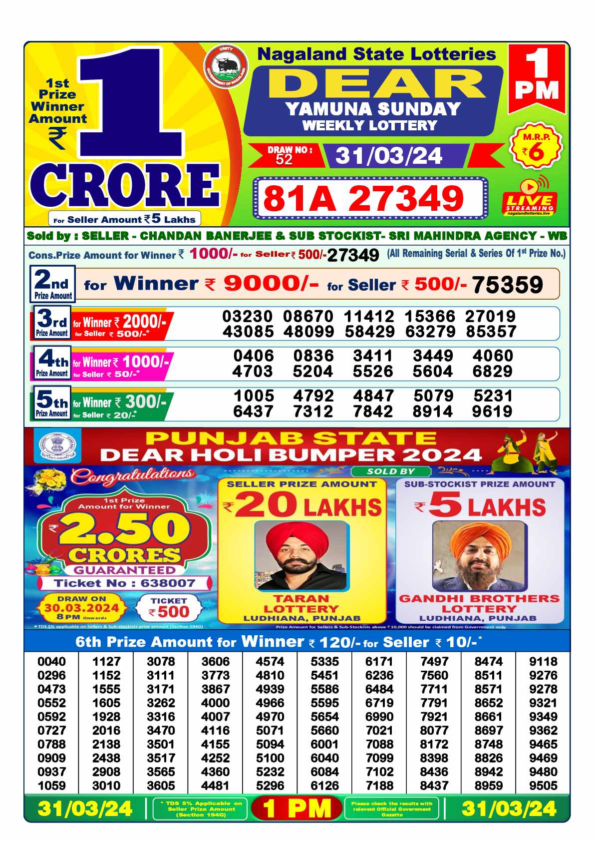 Lottery Sambad 31.03.24 Dear Lottery 1 PM March 31, 2024