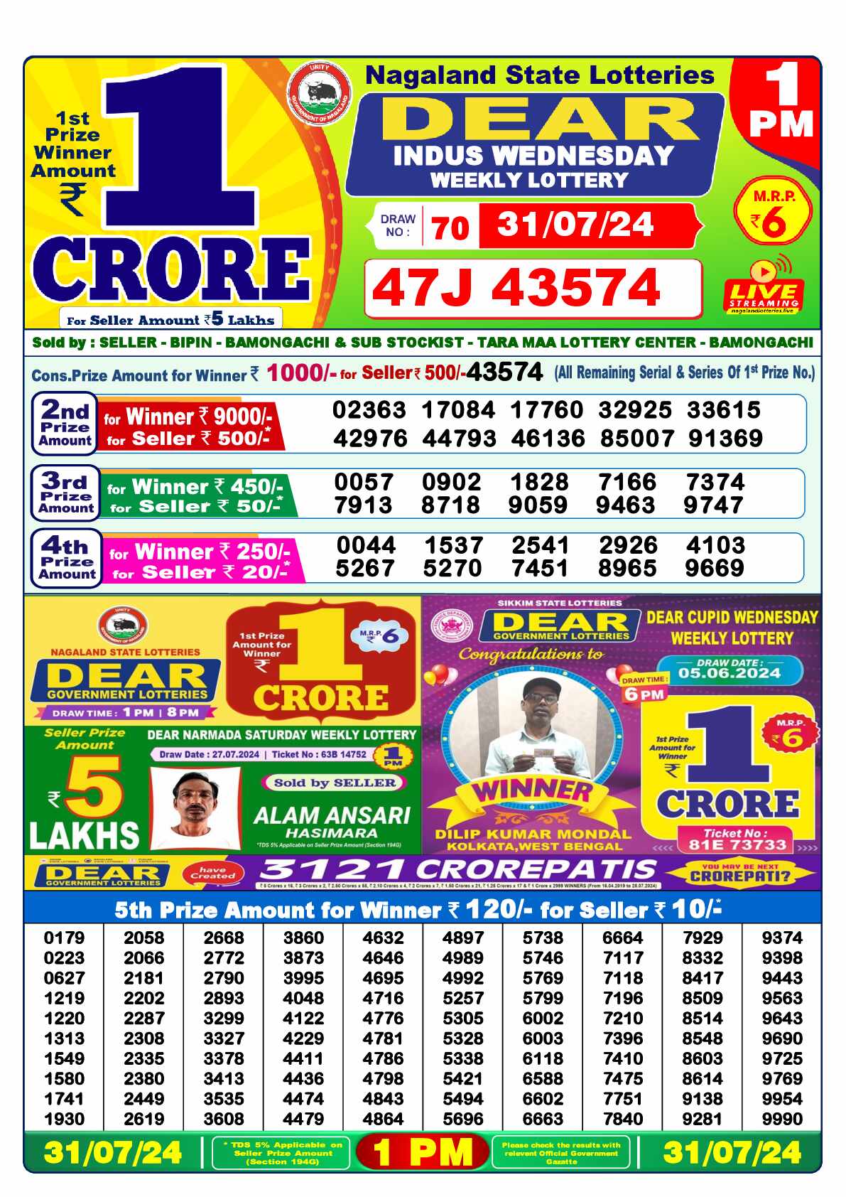 Lottery Sambad 31.07.24 Dear Lottery 1 PM July 31, 2024