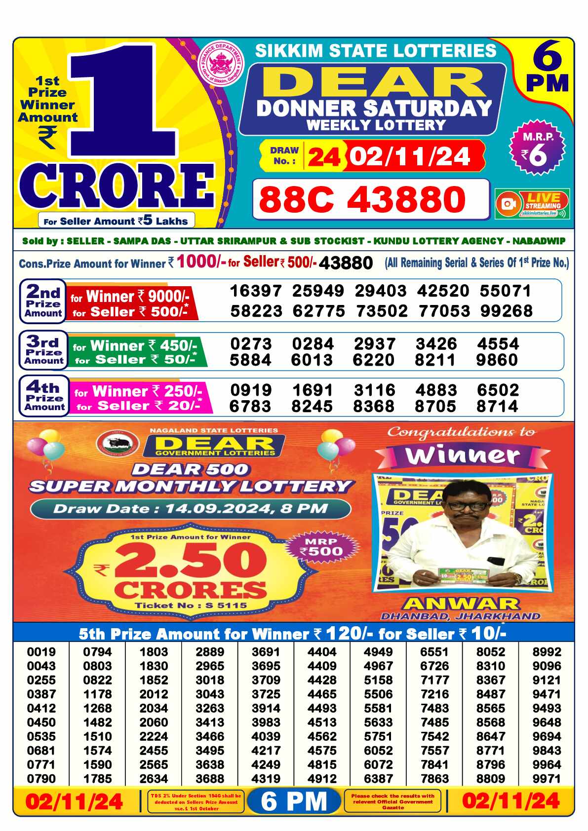 Lottery Sambad 02.11.24 Dear Lottery 6 PM November 02, 2024