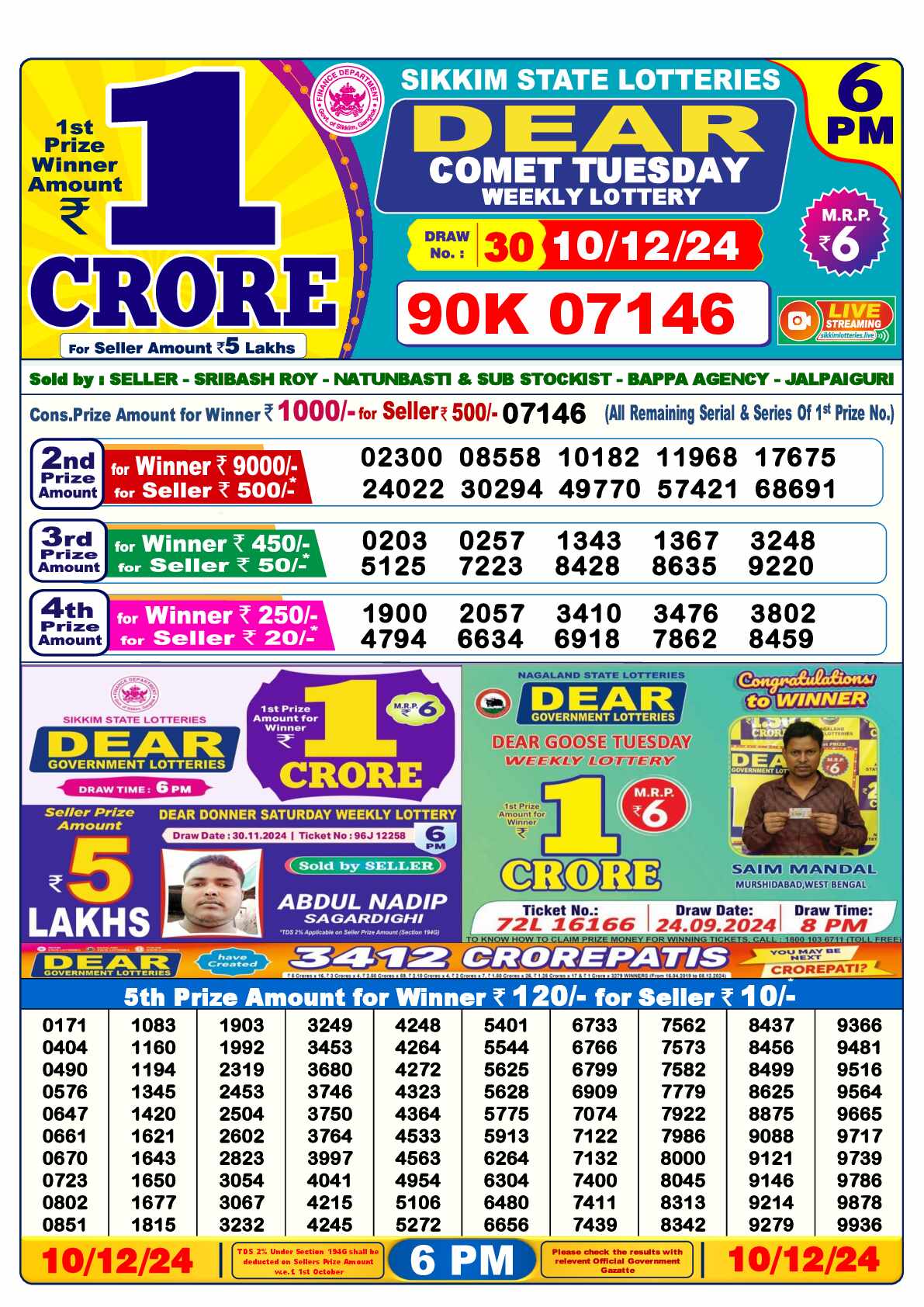 Lottery Sambad 10.12.24 Dear Lottery 6 PM December 10, 2024