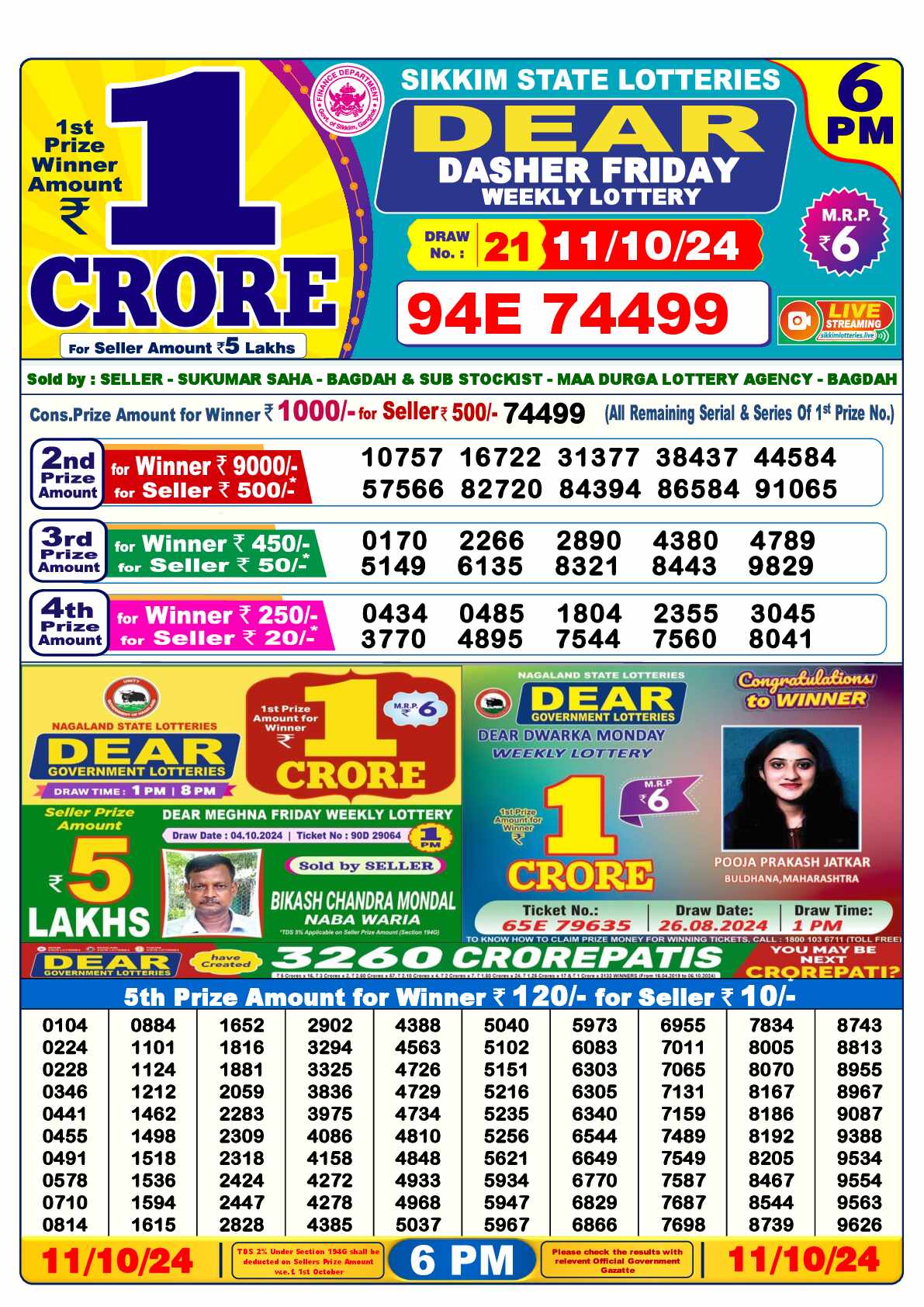 Lottery Sambad 11.10.24 Dear Lottery 6 PM October 11, 2024