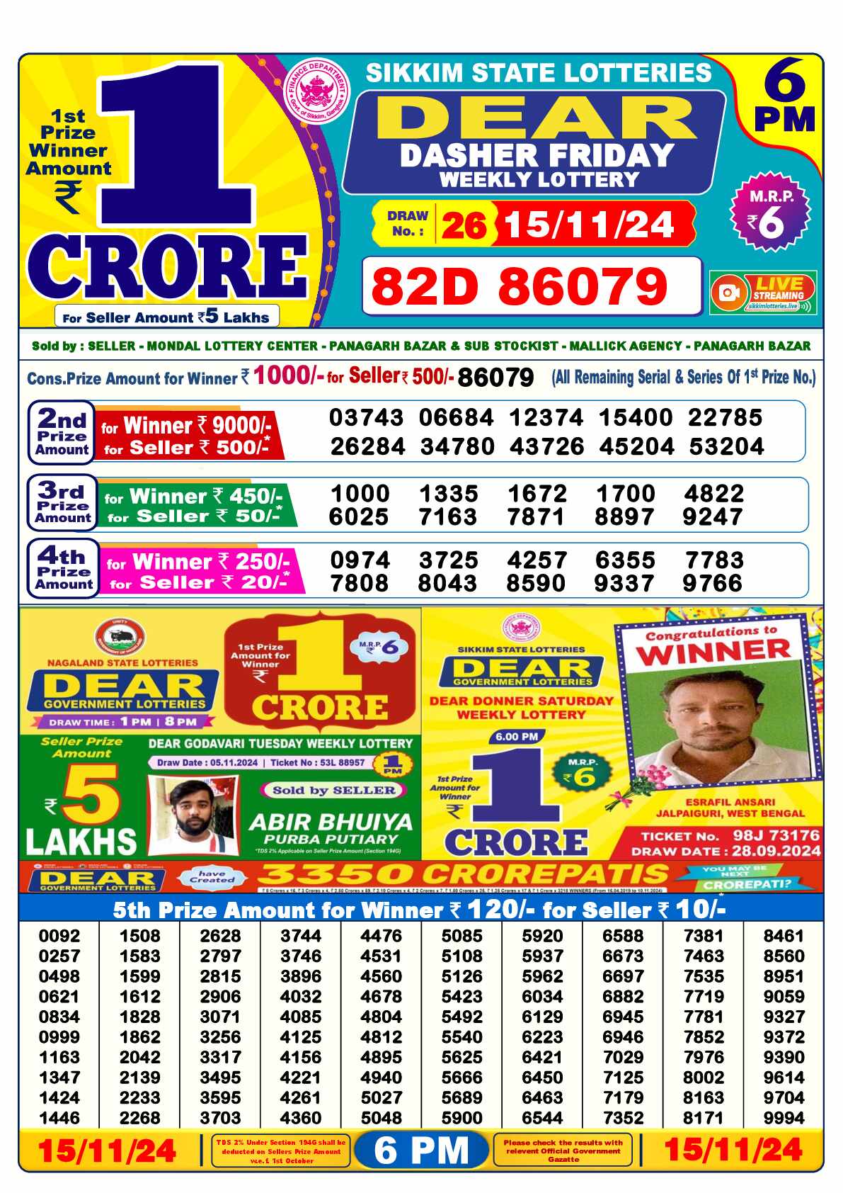 Lottery Sambad 15.11.24 Dear Lottery 6 PM November 15, 2024