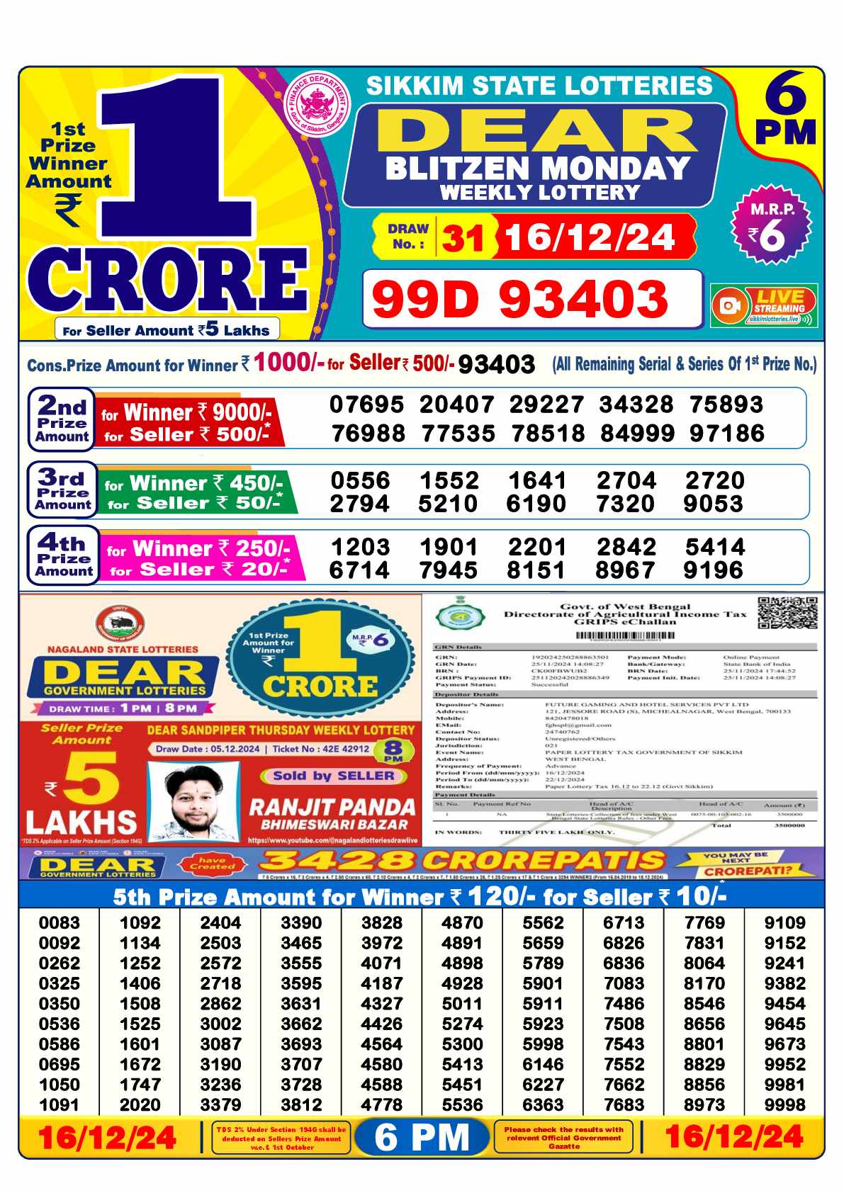 Lottery Sambad 16.12.24 Dear Lottery 6 PM December 16, 2024