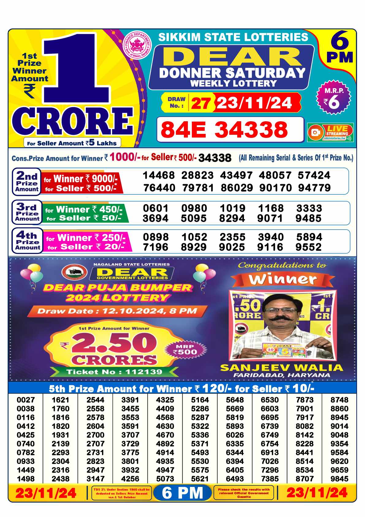 Lottery Sambad 23.11.24 Dear Lottery 6 PM November 23, 2024