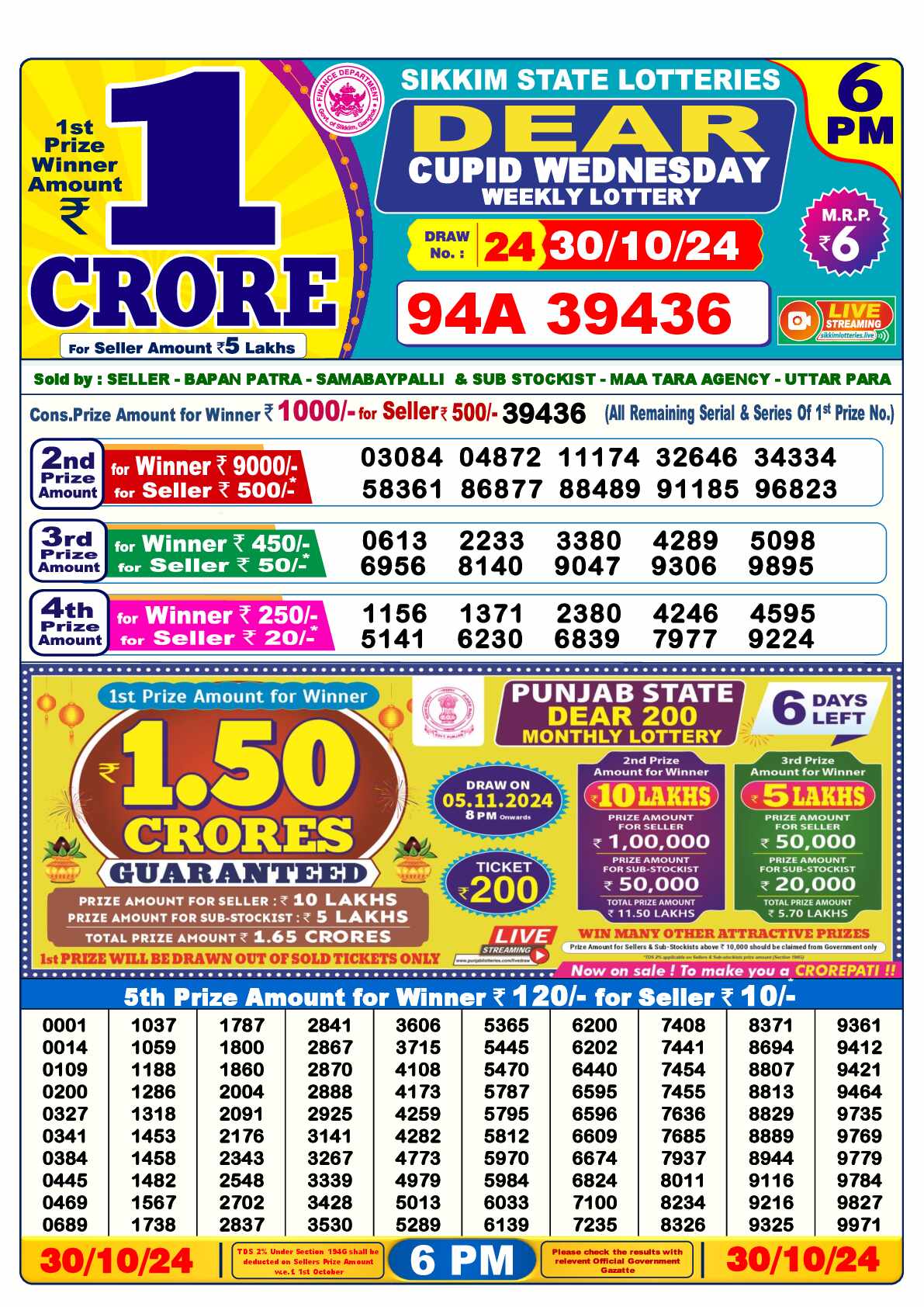 Lottery Sambad 30.10.24 Dear Lottery 6 PM October 30, 2024