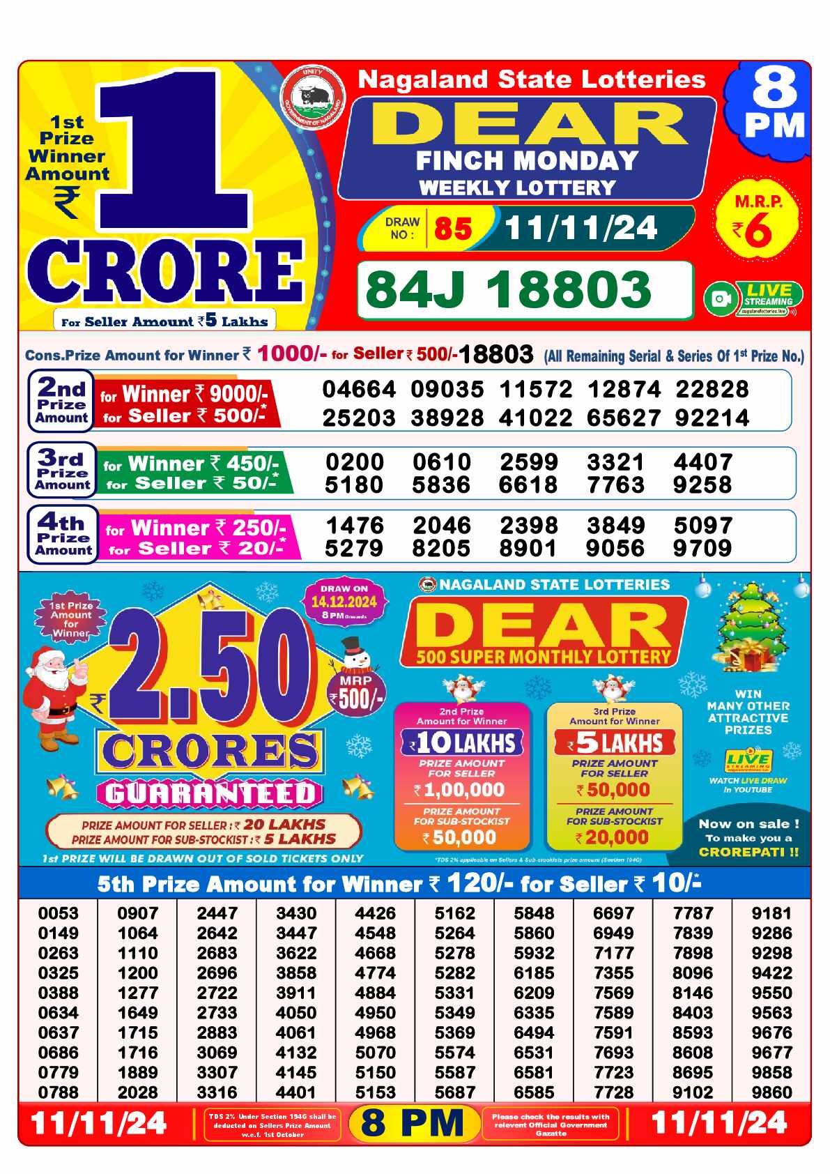 Lottery Sambad 11.11.24 Dear Lottery 8 PM November 11, 2024