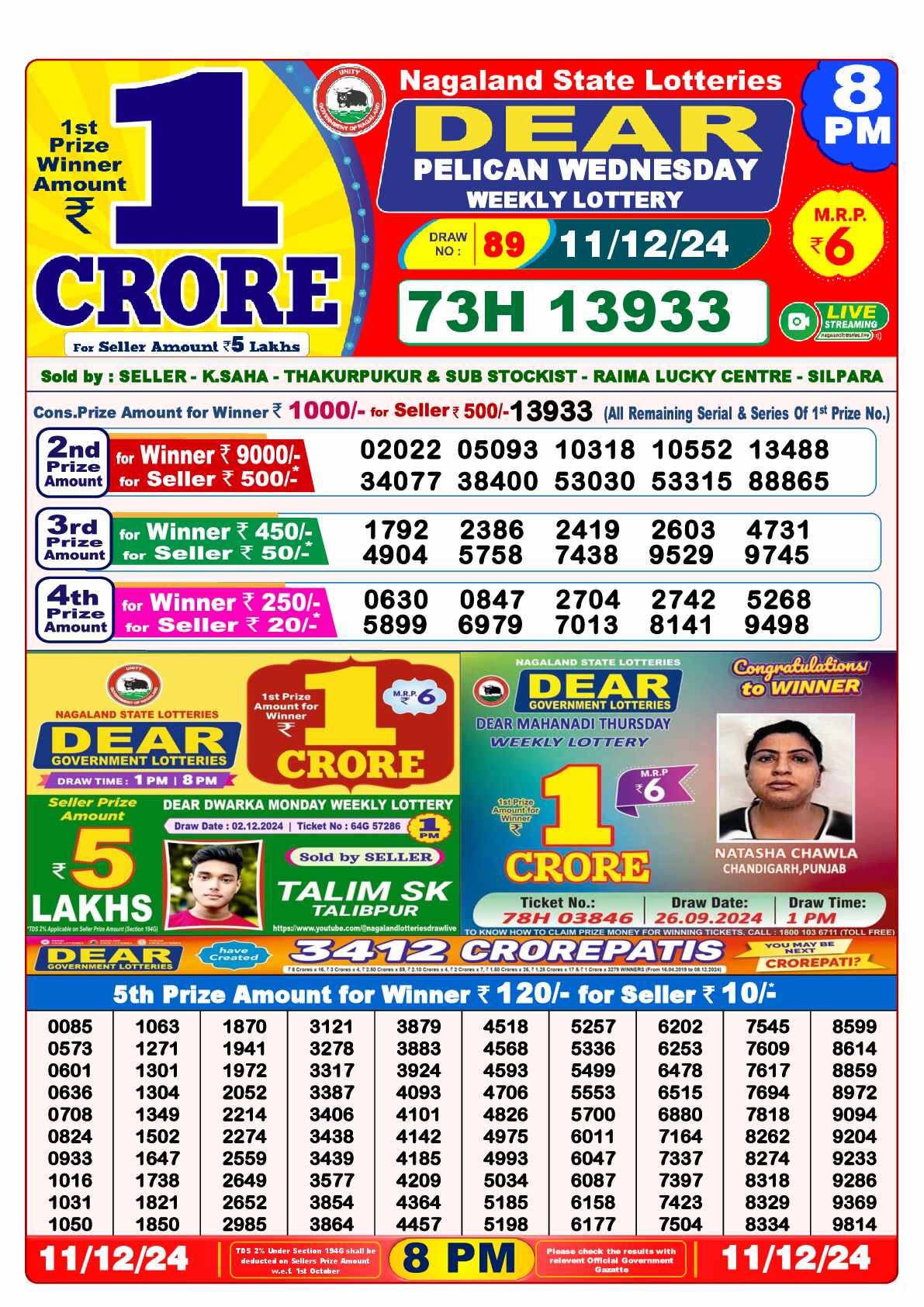 Lottery Sambad 11.12.24 Dear Lottery 8 PM December 11, 2024