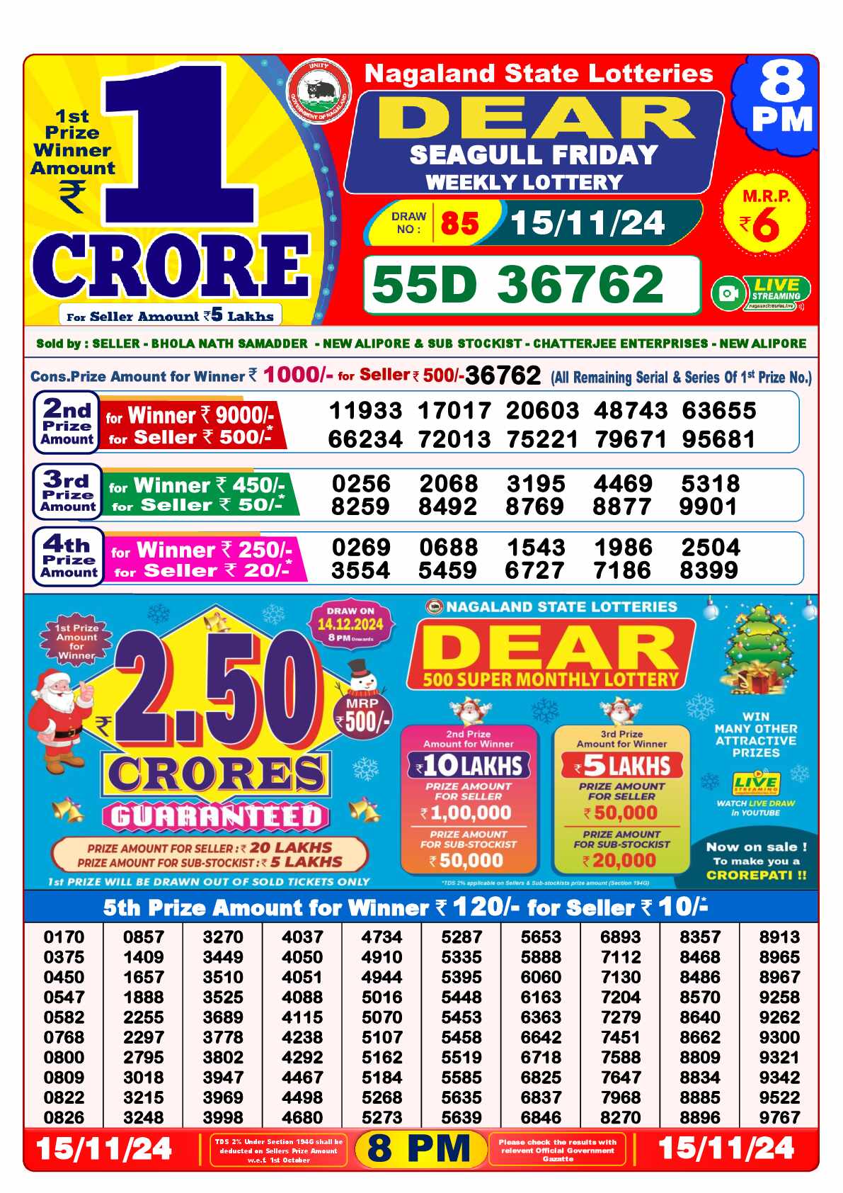 Lottery Sambad 15.11.24 Dear Lottery 8 PM November 15, 2024