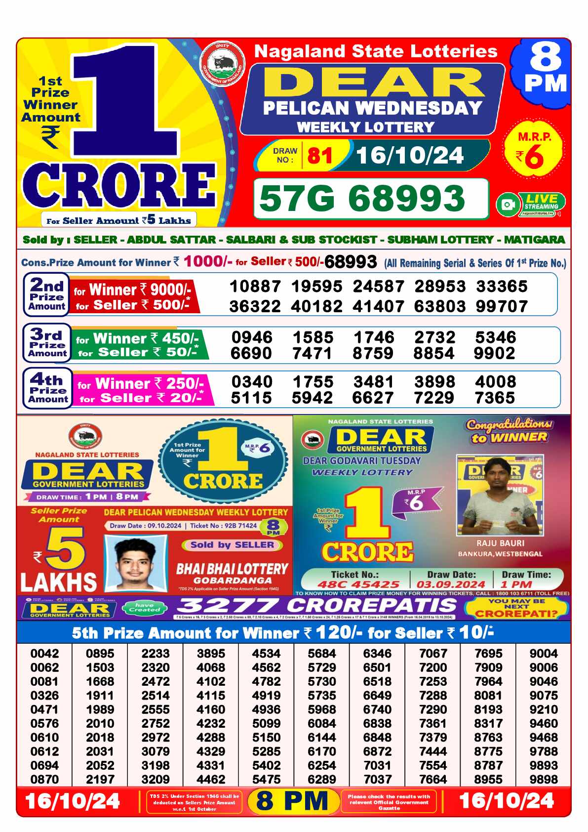 Lottery Sambad 16.10.24 Dear Lottery 8 PM October 16, 2024