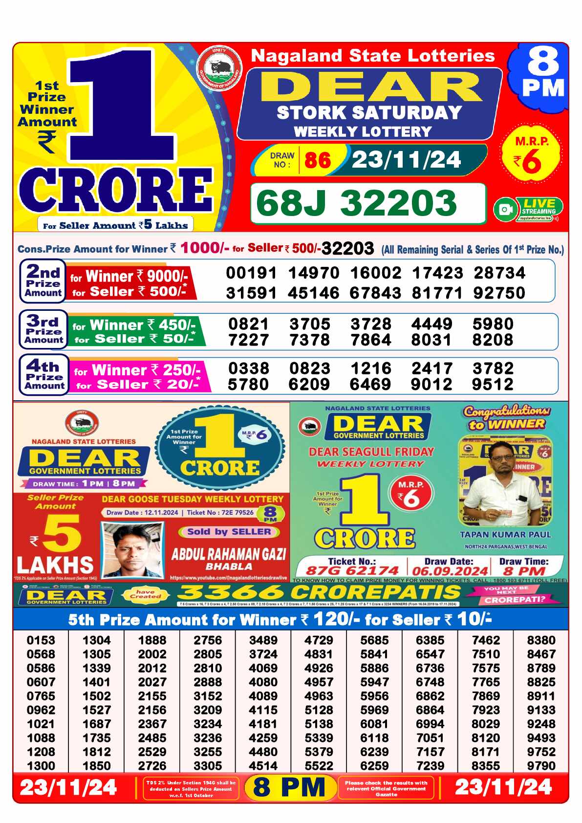 Lottery Sambad 23.11.24 Dear Lottery 8 PM November 23, 2024