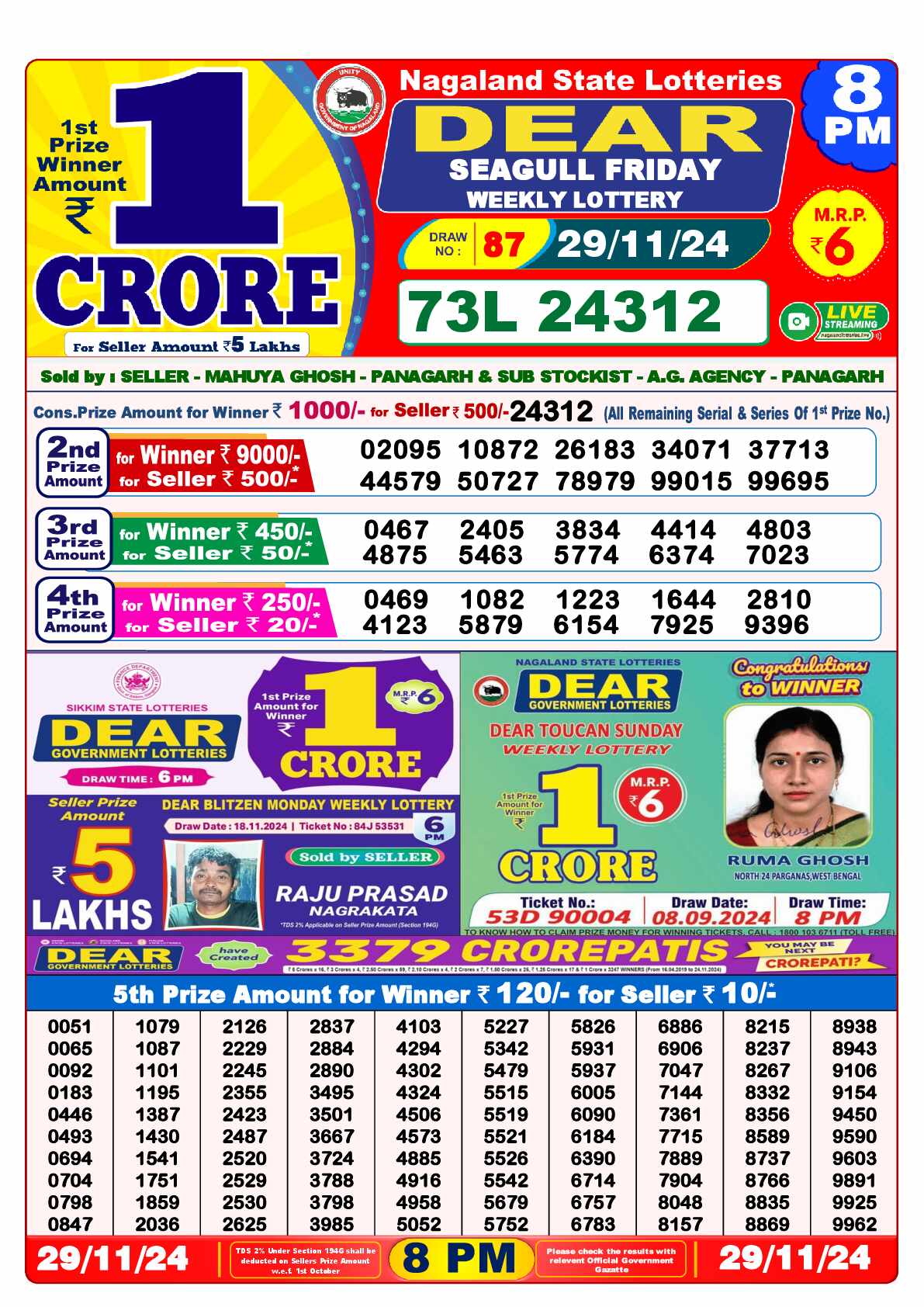 Lottery Sambad 29.11.24 Dear Lottery 8 PM November 29, 2024