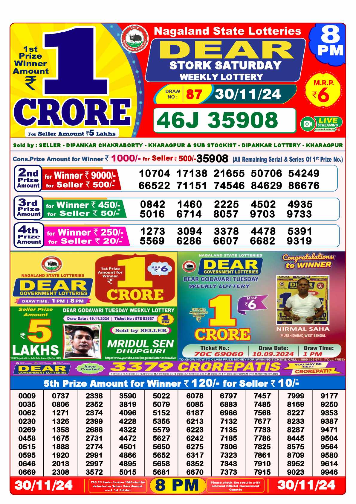 Lottery Sambad 30.11.24 Dear Lottery 8 PM November 30, 2024