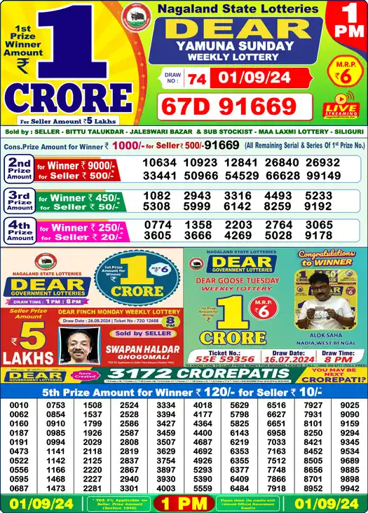 Lottery Sambad 01.09.24 Dear Lottery 1 PM September 01, 2024