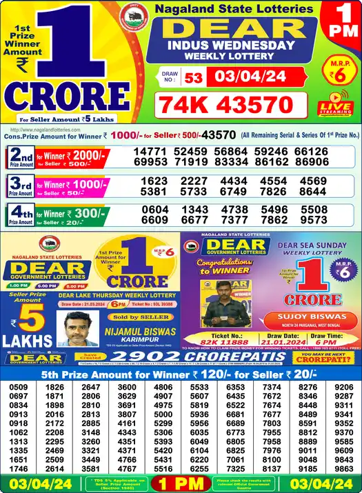 Lottery Sambad 03.04.24 Dear Lottery 1 PM April 03, 2024