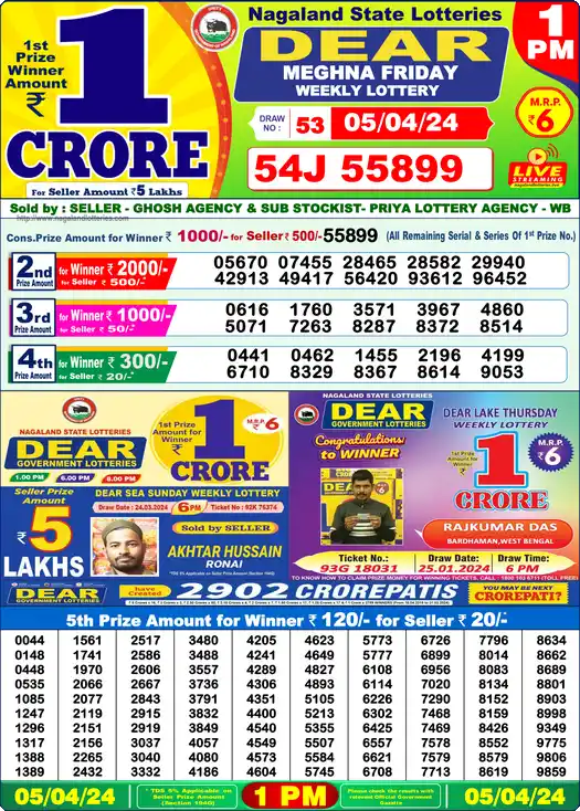 Lottery Sambad 05.04.24 Dear Lottery 1 PM April 05, 2024