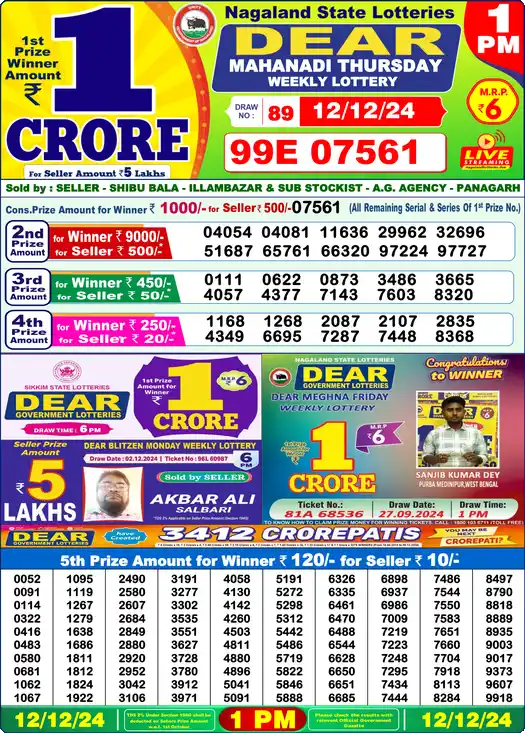 Lottery Sambad 12.12.24 Dear Lottery 1 PM December 12, 2024