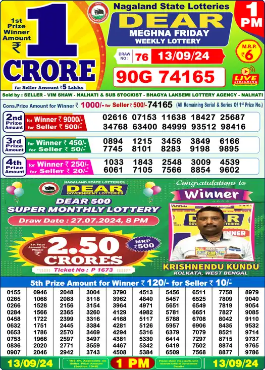 Lottery Sambad 13.09.24 Dear Lottery 1 PM September 13, 2024