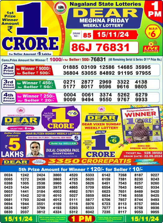 Lottery Sambad 15.11.24 Dear Lottery 1 PM November 15, 2024