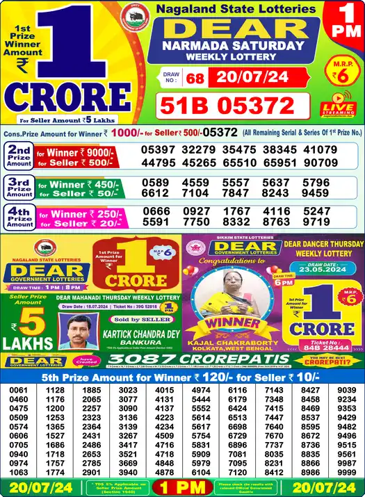 Lottery Sambad 20.07.24 Dear Lottery 1 PM July 20, 2024