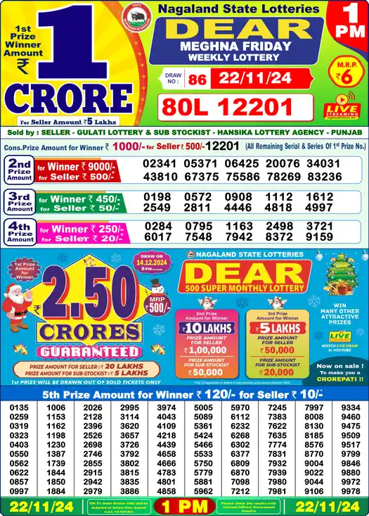 Lottery Sambad 22.11.24 Dear Lottery 1 PM November 22, 2024