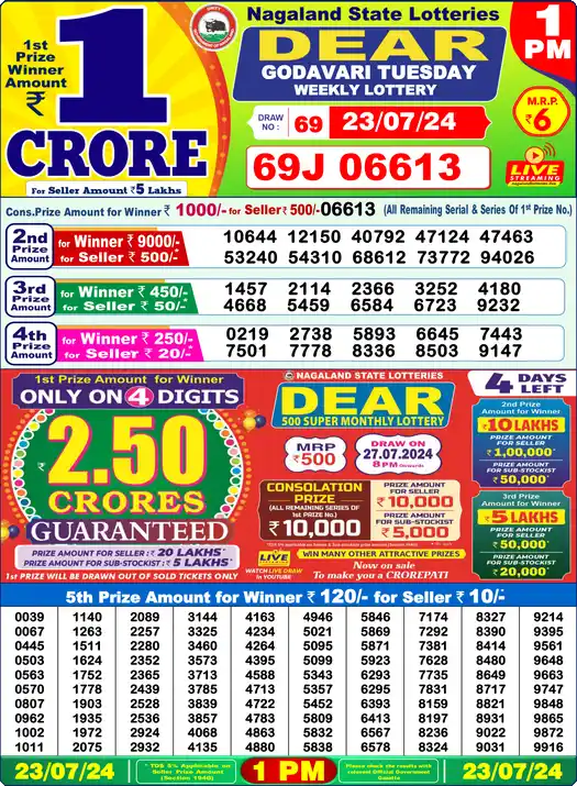 Lottery Sambad 23.07.24 Dear Lottery 1 PM July 23, 2024