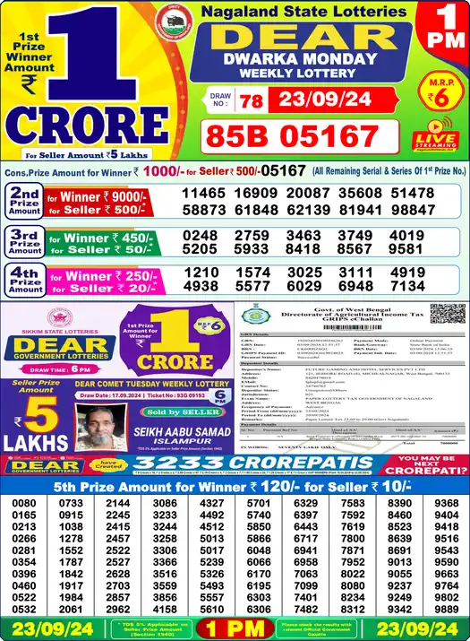 Lottery Sambad 23.09.24 Dear Lottery 1 PM September 23, 2024