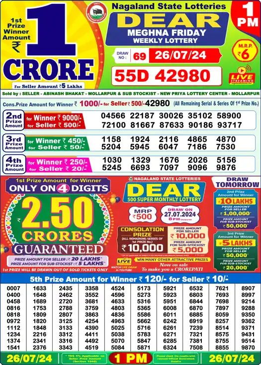 Lottery Sambad 26.07.24 Dear Lottery 1 PM July 26, 2024
