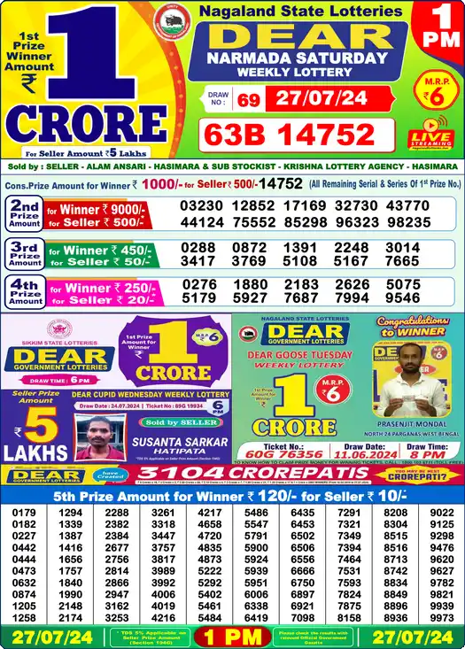 Lottery Sambad 27.07.24 Dear Lottery 1 PM July 27, 2024
