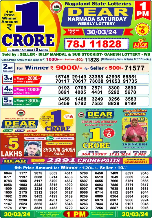 Lottery Sambad 30.03.24 Dear Lottery 1 PM March 30, 2024