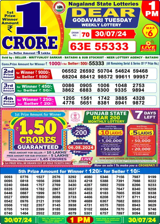 Lottery Sambad 30.07.24 Dear Lottery 1 PM July 30, 2024
