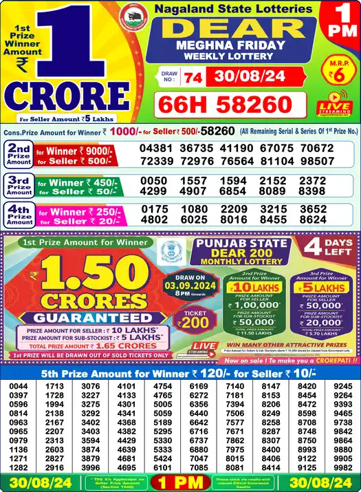 Lottery Sambad 30.08.24 Dear Lottery 1 PM August 30, 2024