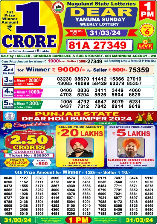 Lottery Sambad 31.03.24 Dear Lottery 1 PM March 31, 2024
