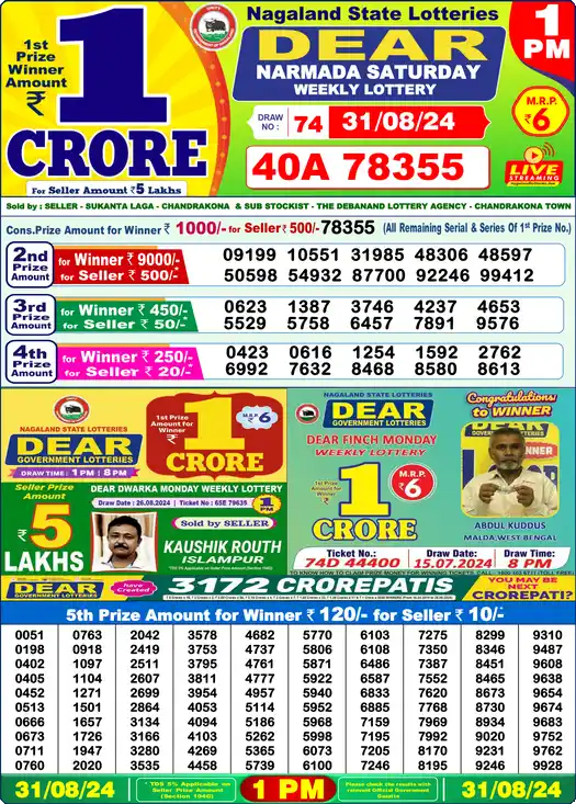 Lottery Sambad 31.08.24 Dear Lottery 1 PM August 31, 2024