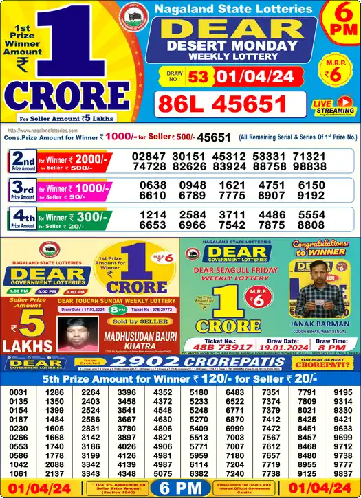 Lottery Sambad 01.04.24 Dear Lottery 6 PM April 01, 2024