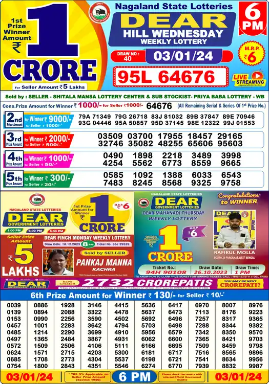 Lottery Sambad 03.01.24 Dear Lottery 6 PM January 03, 2024