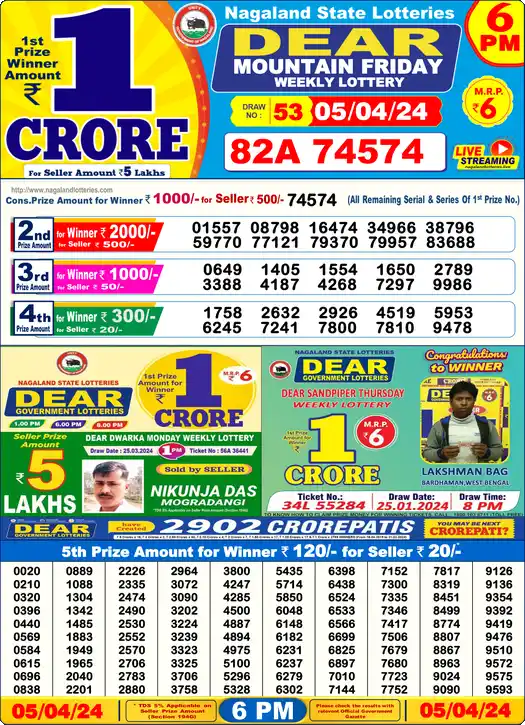 Lottery Sambad 05.04.24 Dear Lottery 6 PM April 05, 2024