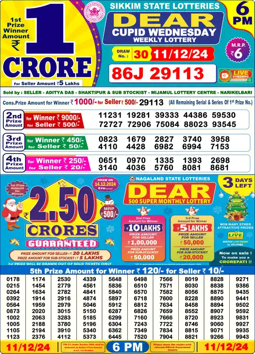 Lottery Sambad 11.12.24 Dear Lottery 6 PM December 11, 2024